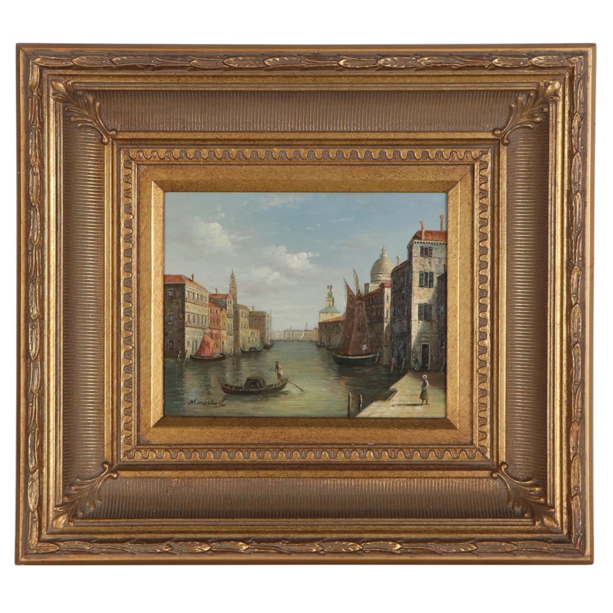 M. Moshall Oil Painting of Canal Scene, Late 20th Century
