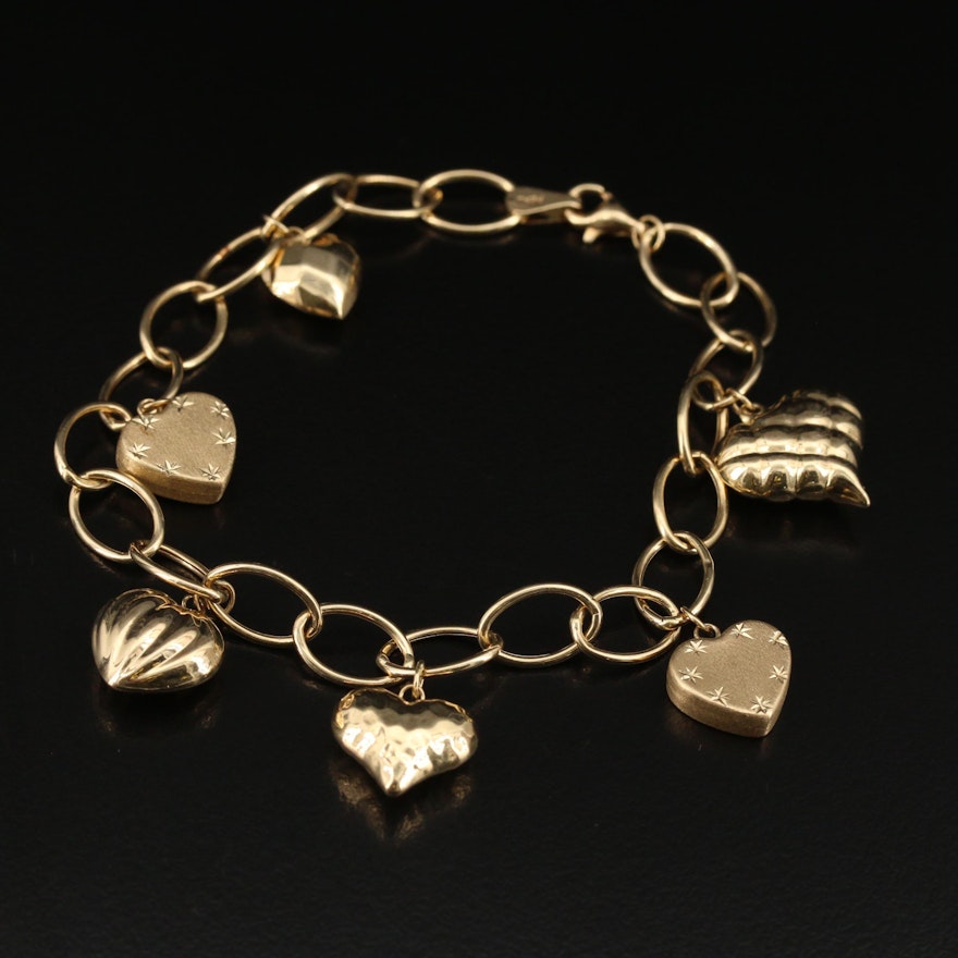 14K Charm Bracelet with Assorted Heart Charms