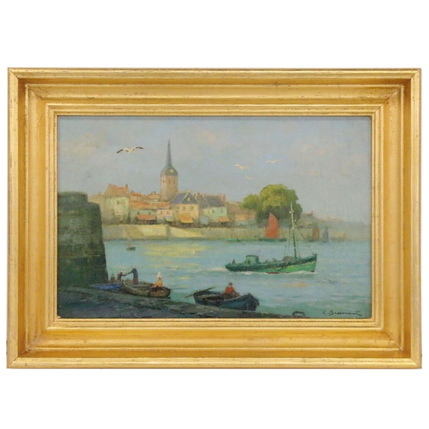 Lucien Bessonnat Oil Painting of European Harbor, Mid-20th Century