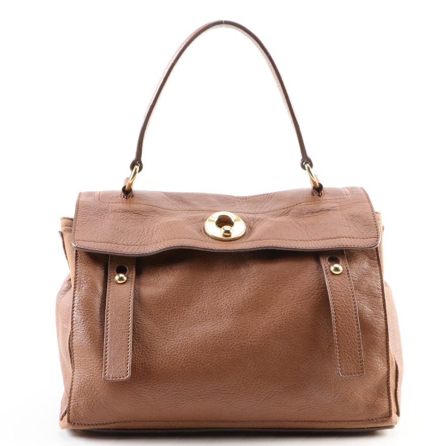 Yves Saint Laurent Muse Two Medium Bag in Brown Grained Leather and Canvas