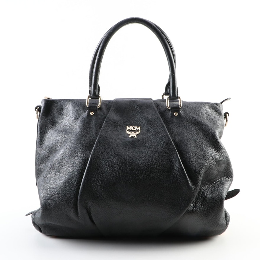 MCM Pleated Two-Way Tote Bag in Black Embossed Visetos Leather