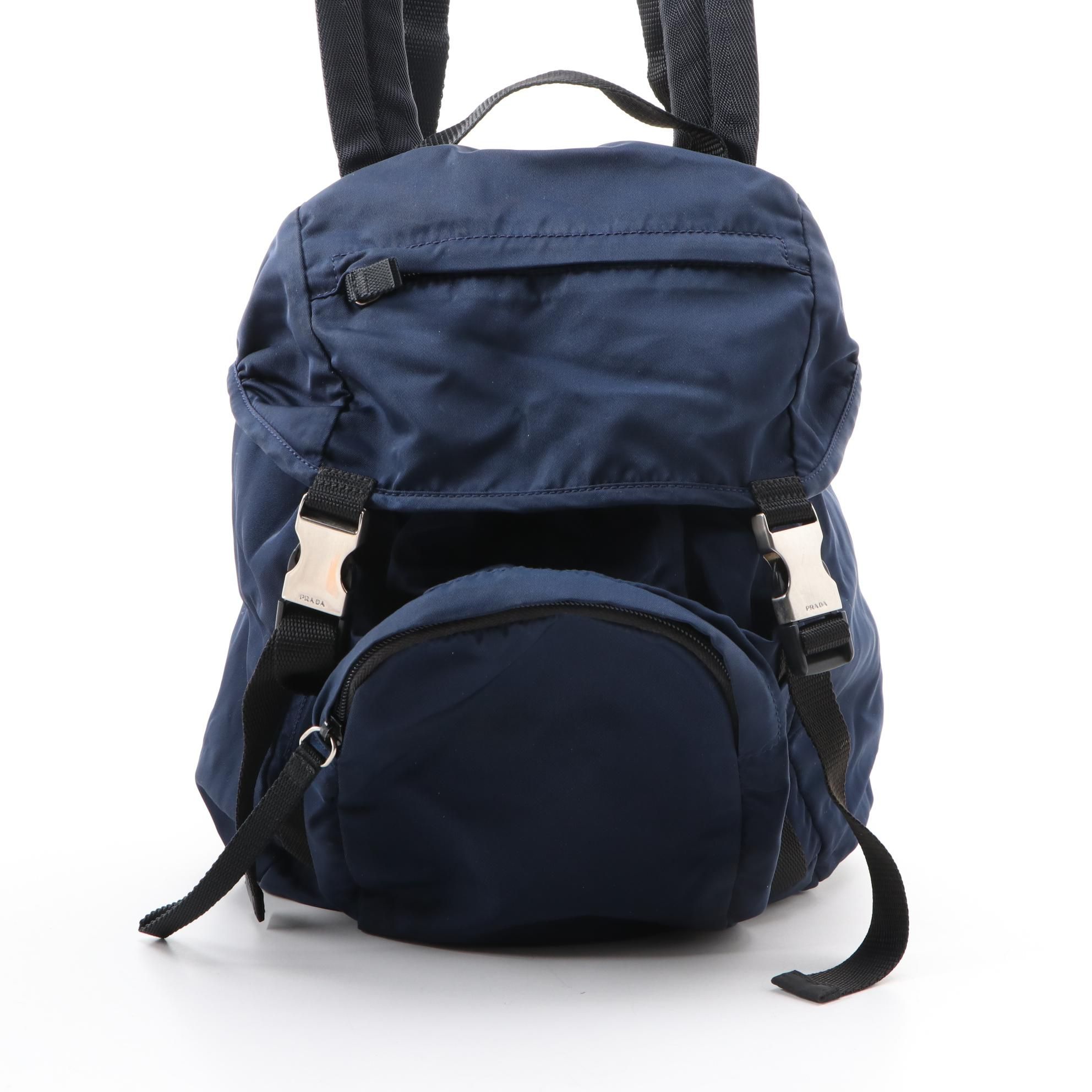 Prada Navy Blue Tessuto Drawstring Backpack Purse with Black Canvas Trim