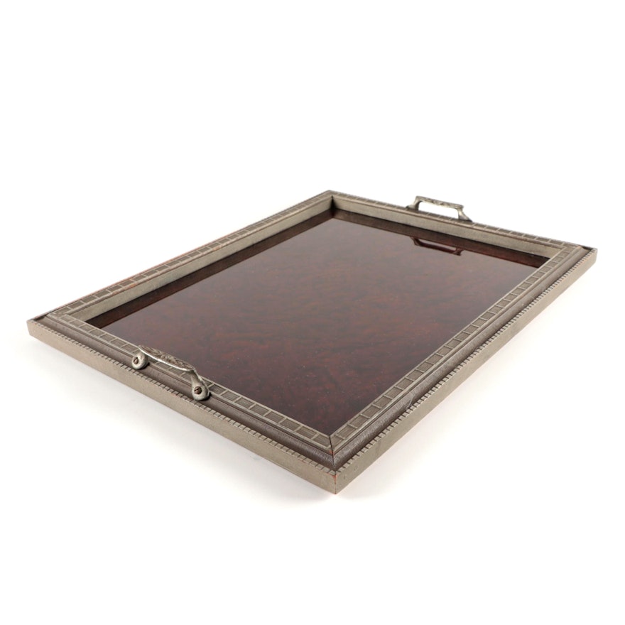 Art Deco Glass Top Wooden Frame Tray, Early to Mid 20th Century