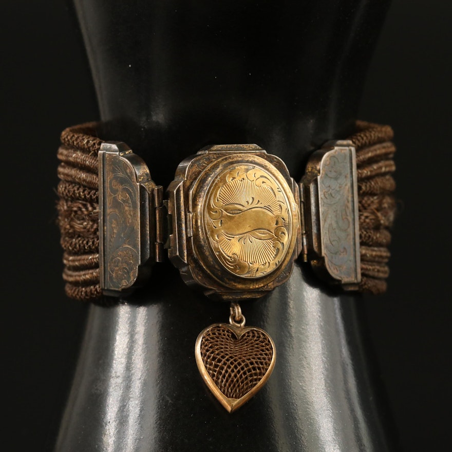Early Victorian Braided Hair Mourning Locket Bracelet with 14K Accents