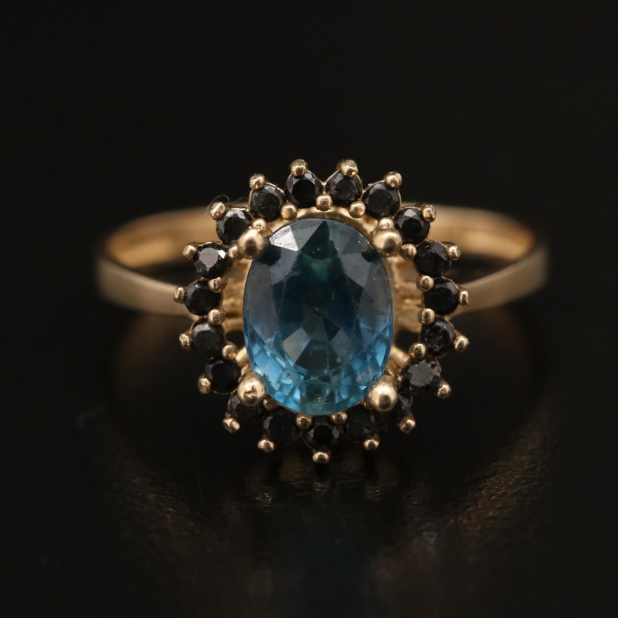 14K 1.89 CT Sapphire Ring with Black Diamond Halo