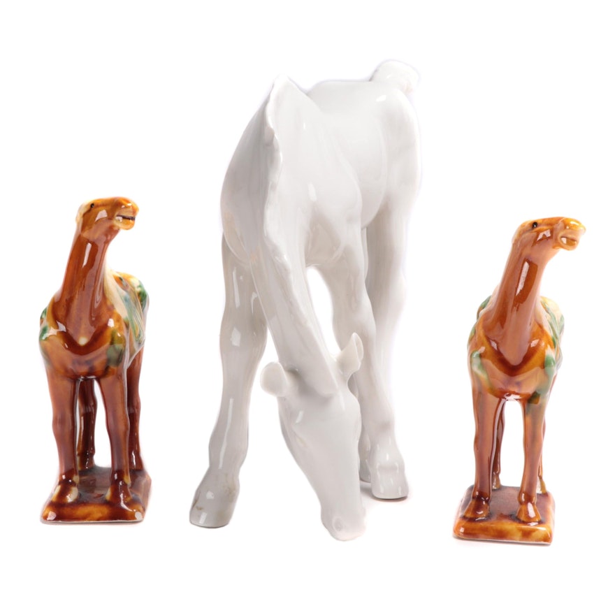 Lomonosov Porcelain Horse and Chinese Tang Style Sancai Glazed Horse Figurines