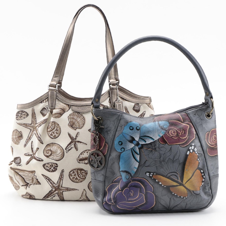 Coach Seashell Printed Canvas and Anuschka Hand-Painted Leather Shoulder Bags