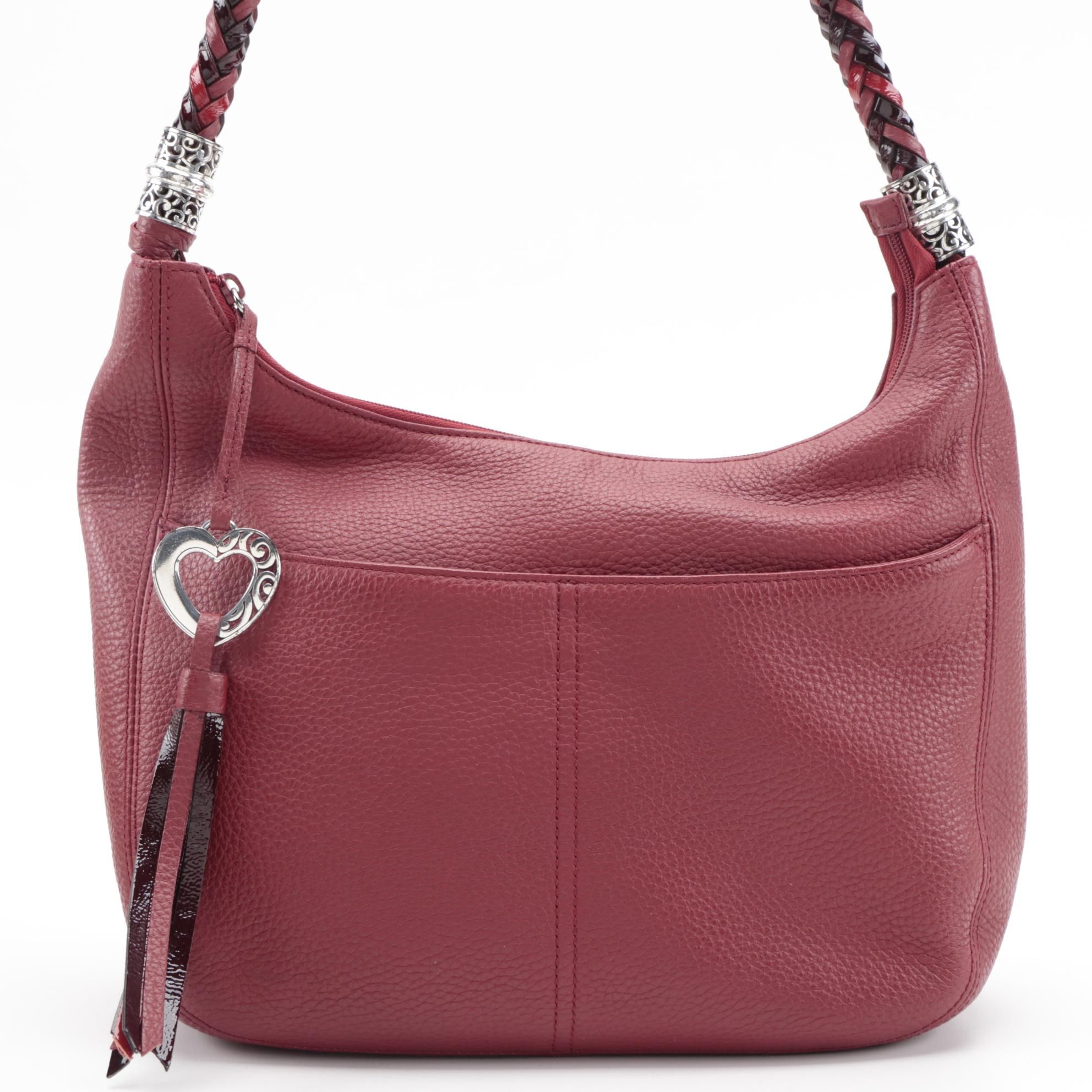 Brighton Barbados Ziptop Hobo Bag in Red Grained Leather with Braided Handle