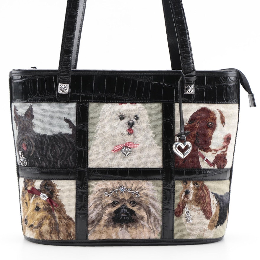 Brighton "Doggy Diva" Needlepoint and Croc-Embossed Leather Shoulder Bag