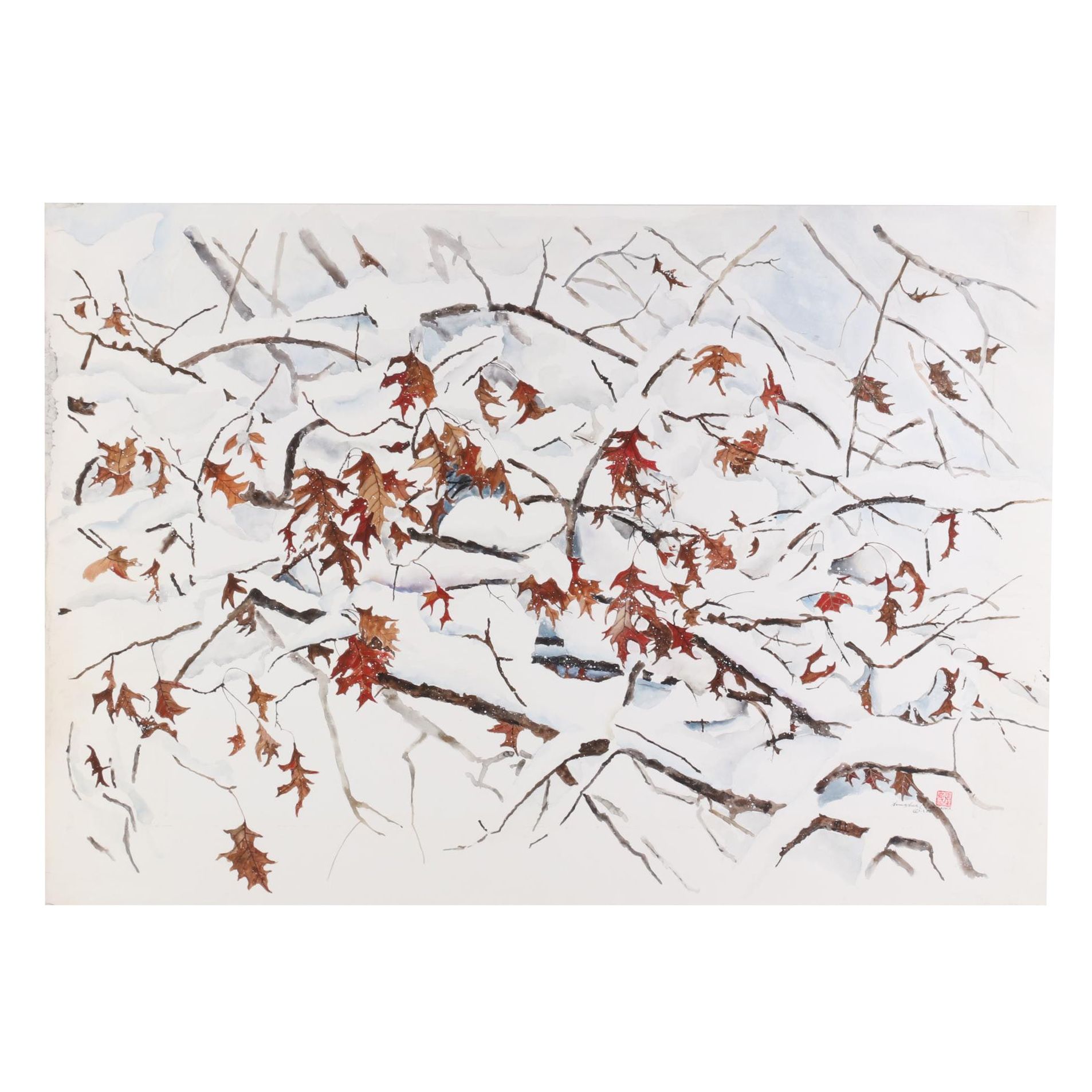 Hsing Hua Chang Watercolor Painting of Oak Tree in Winter, Late 20th Century