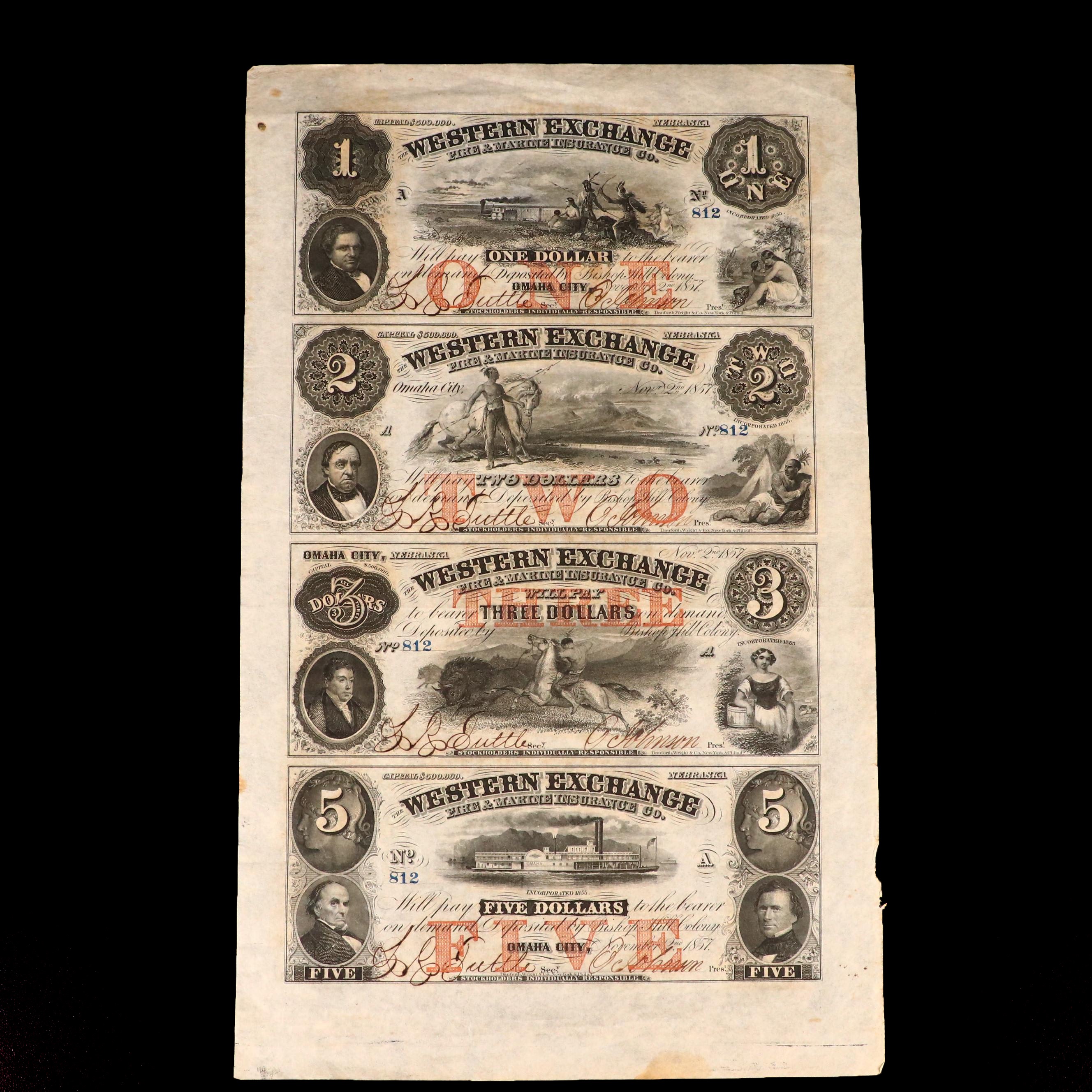 Uncut Obsolete Currency Note Sheets, 1857