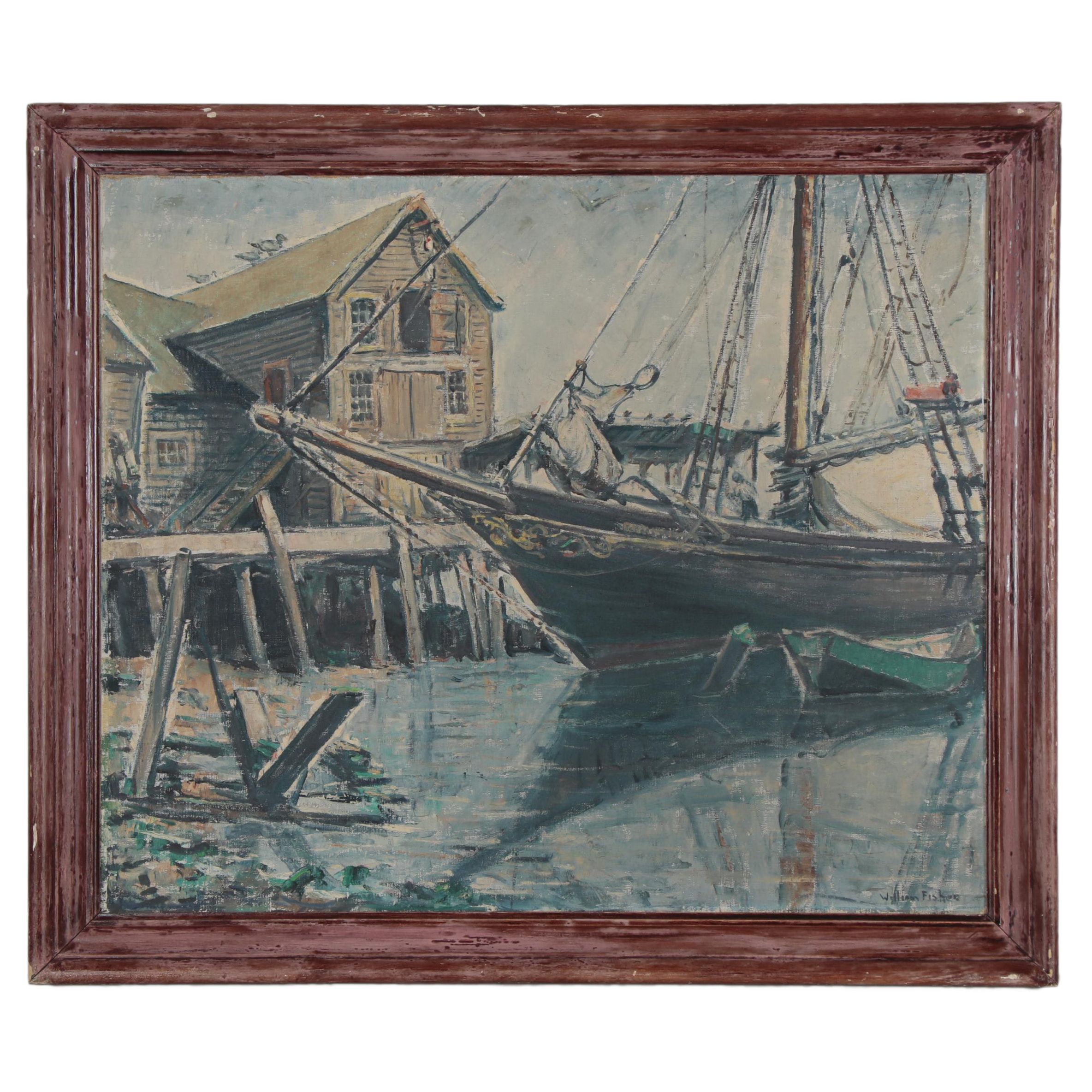 William Fisher Oil Painting of Harbor Scene, Early 20th Century