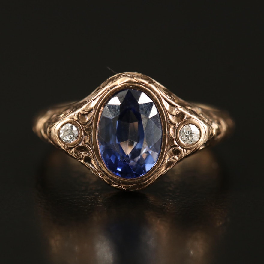 Edwardian 10K Sapphire and Diamond Ring with Engraved Foliate Pattern