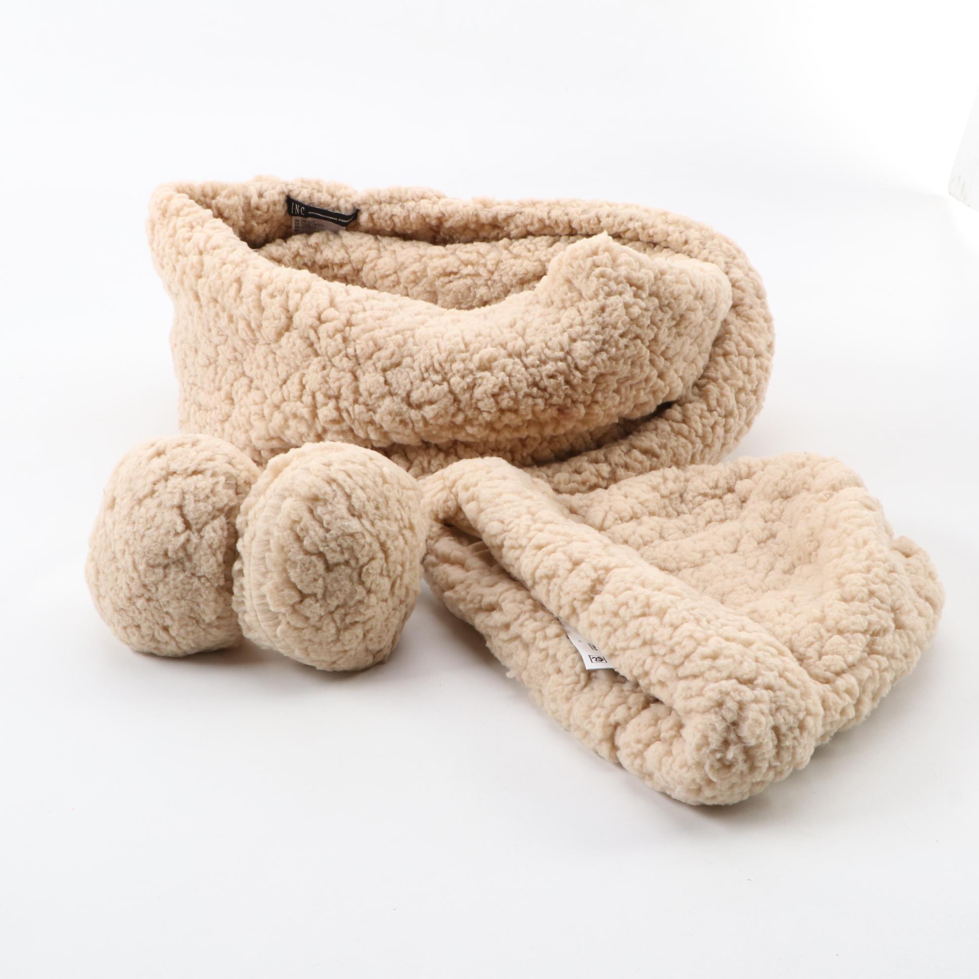 INC  Faux Fur Cap, Infinity Scarf and Earmuffs in Camel