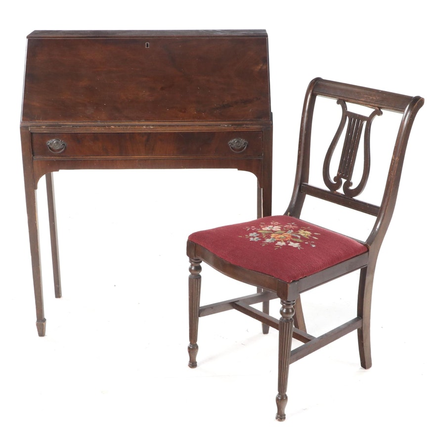 Federal Style Mahogany Slant-Front Desk Plus Side Chair, 20th Century