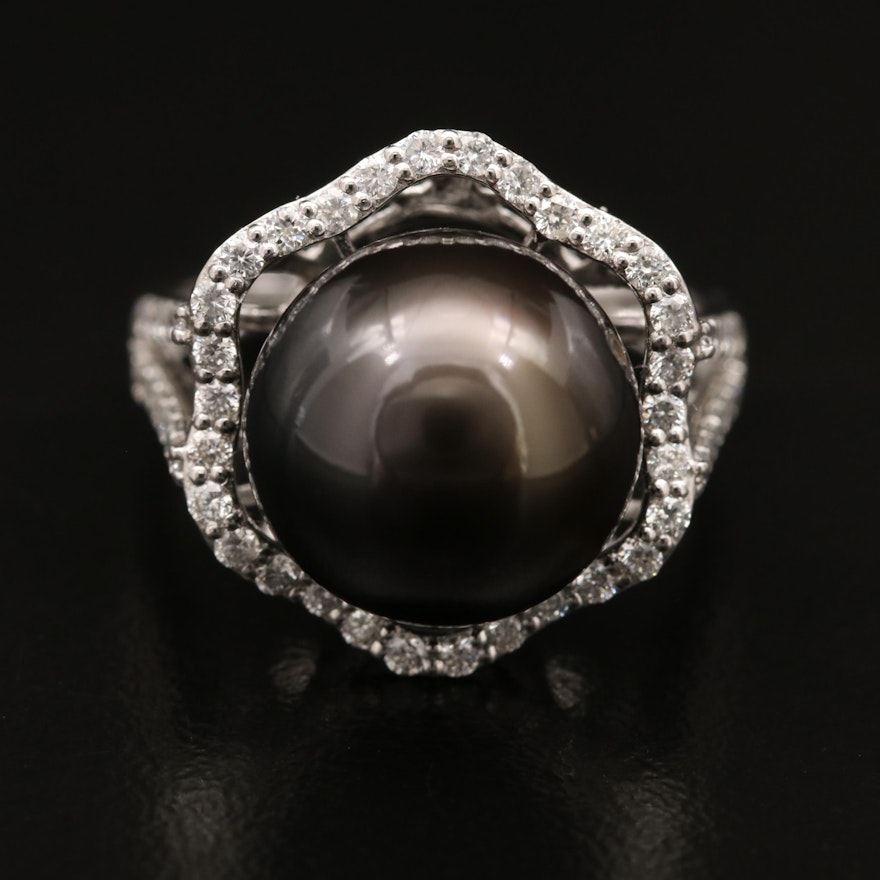 Platinum Black Pearl and Diamond Ring