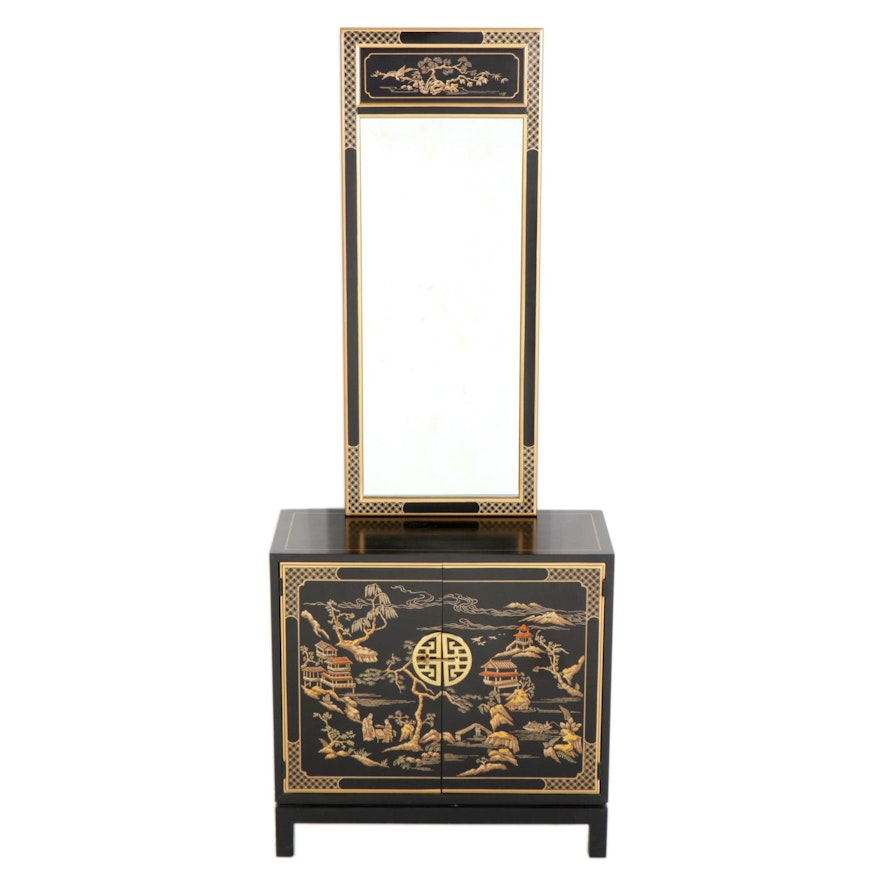 Drexel Heritage "Et Cetera" Chinoiserie Black Lacquer Cabinet and Mirror