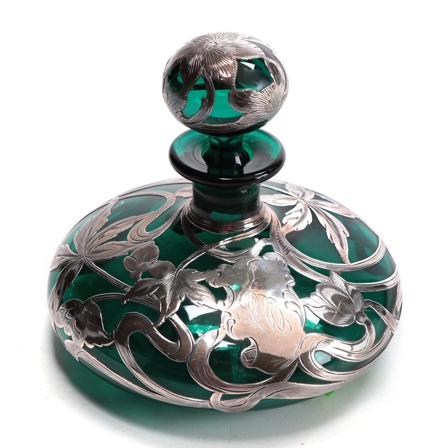 Art Nouveau Emerald Glass Perfume Bottle with Sterling Silver Vining Bud Overlay