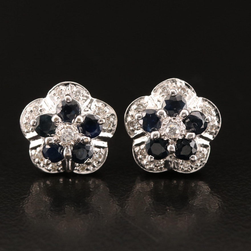 14K Sapphire, Cubic Zirconia and Diamond Cluster Earrings