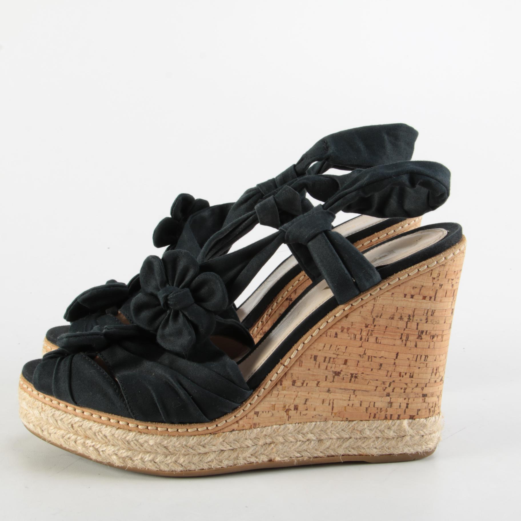 Prada Platform Textile Slingback Cork Wedge Espadrille Sandals
