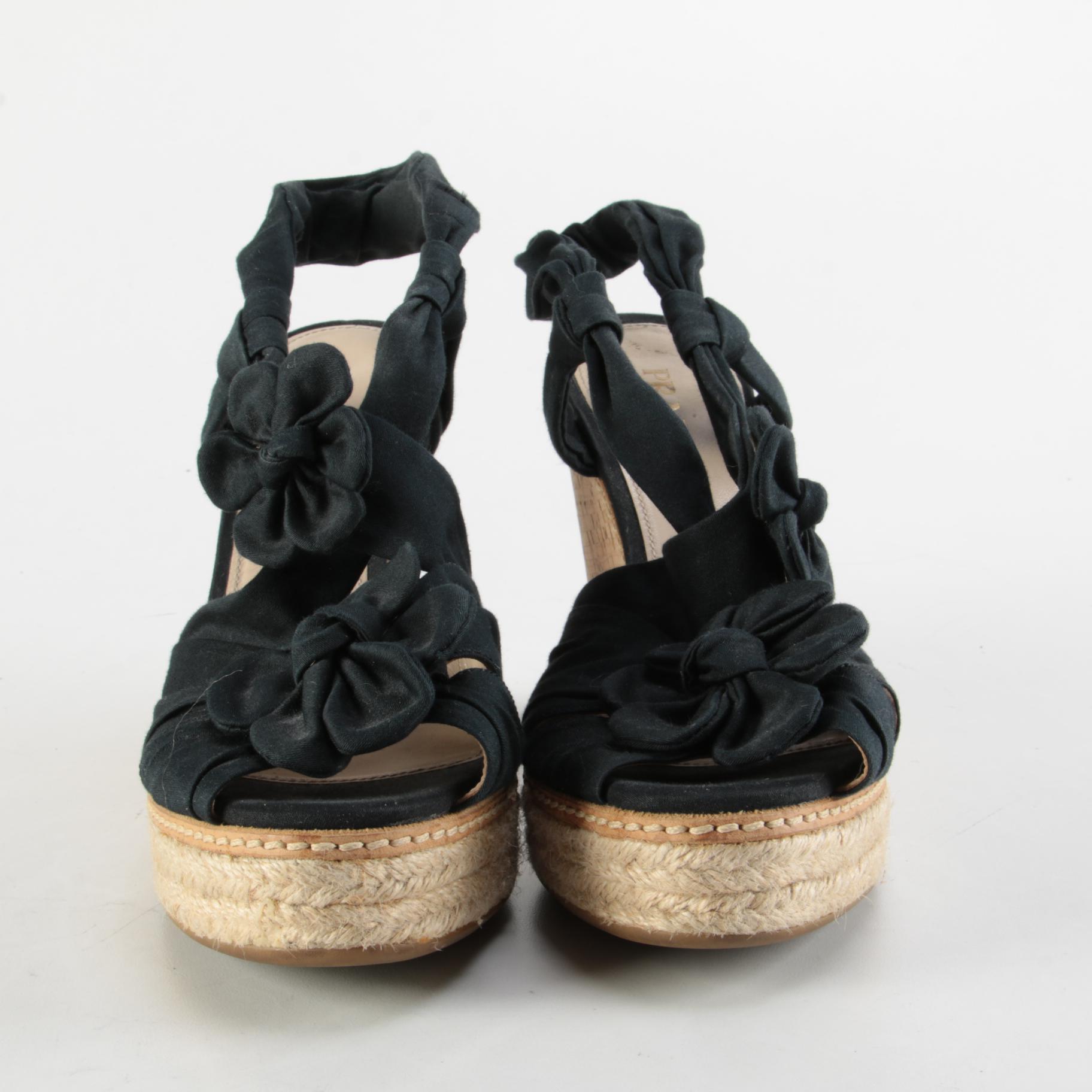 Prada Platform Textile Slingback Cork Wedge Espadrille Sandals