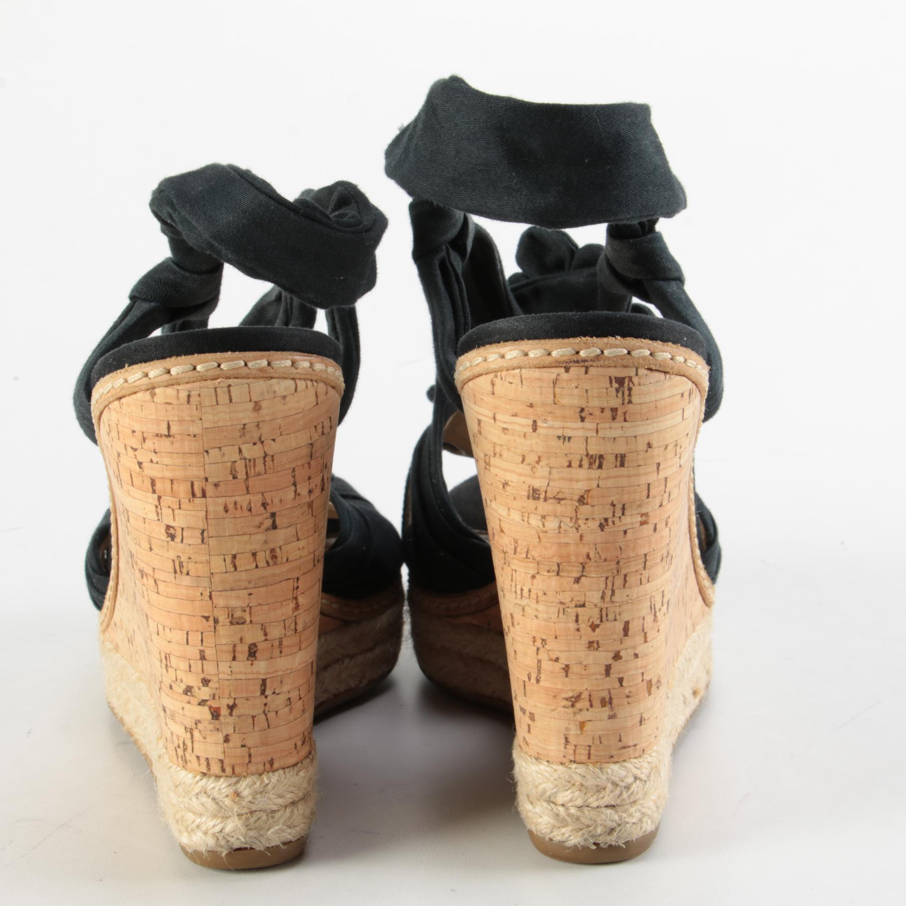 Prada Platform Textile Slingback Cork Wedge Espadrille Sandals