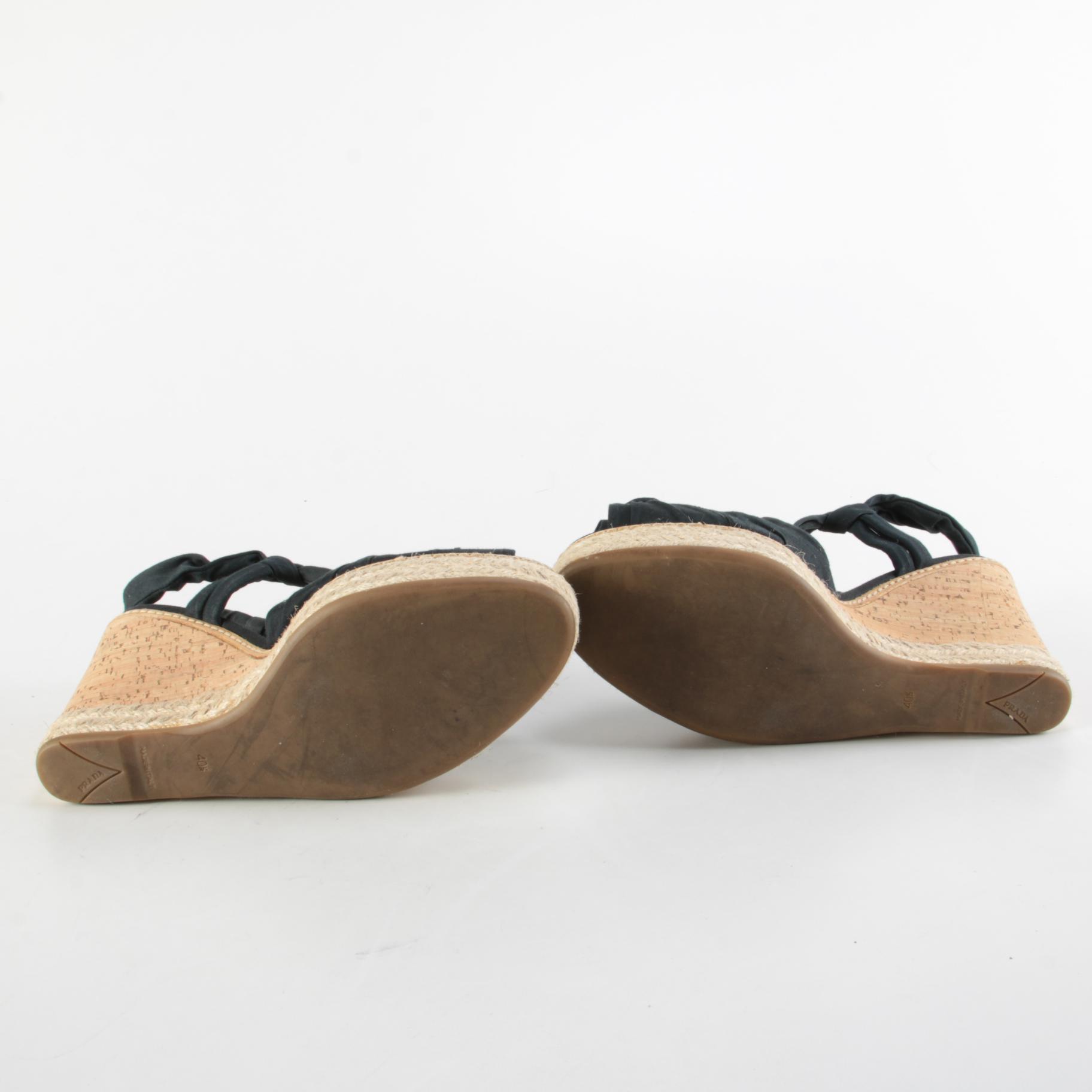 Prada Platform Textile Slingback Cork Wedge Espadrille Sandals