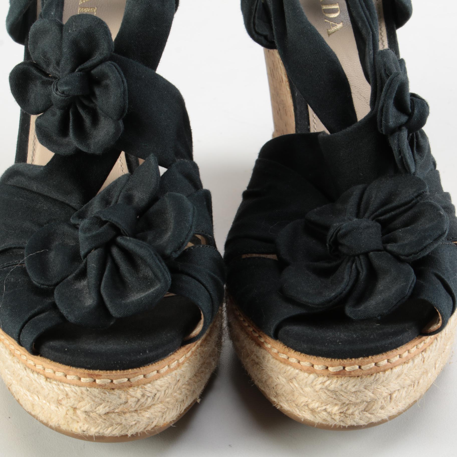 Prada Platform Textile Slingback Cork Wedge Espadrille Sandals