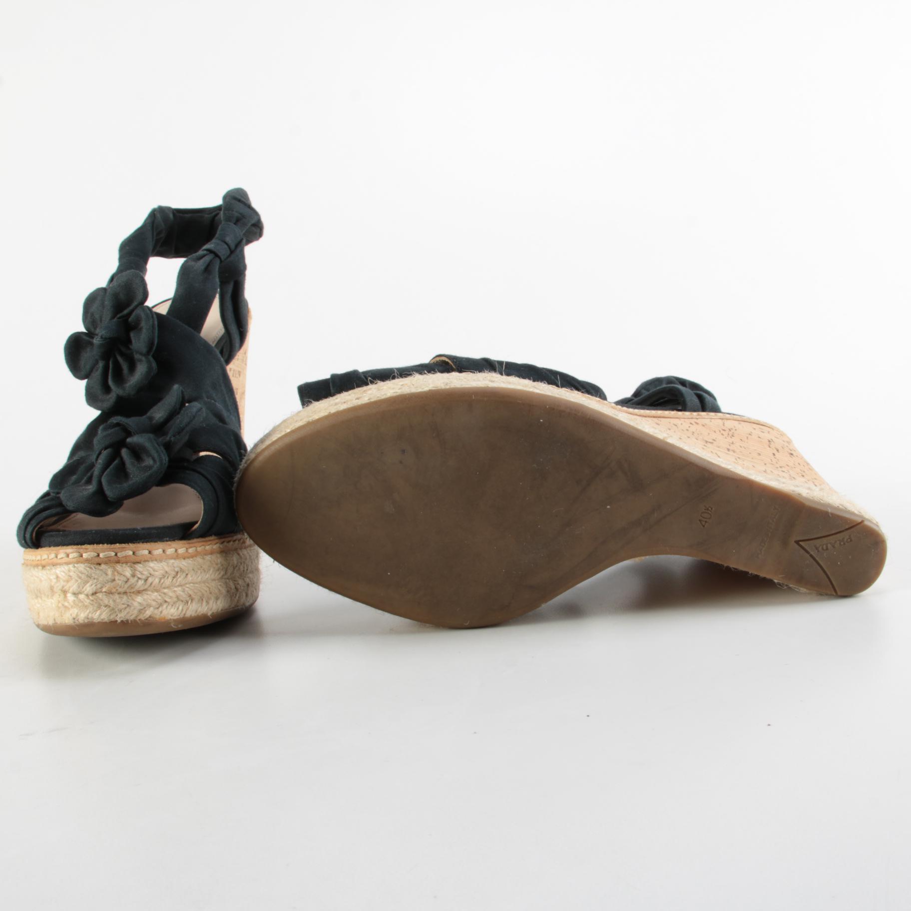Prada Platform Textile Slingback Cork Wedge Espadrille Sandals