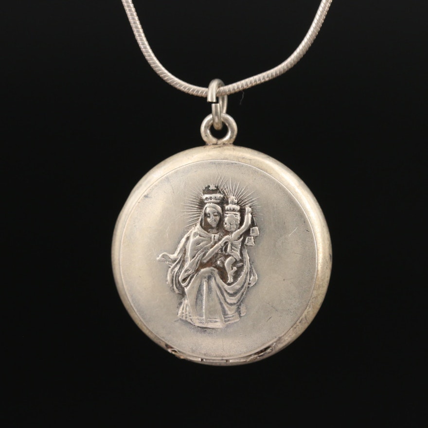 Vintage Sterling Silver Our Lady of Mt. Carmel Locket Necklace