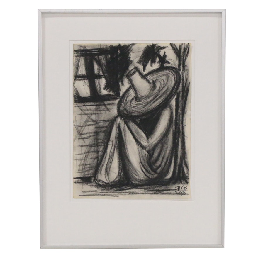 Barbara Grizzard-Barham Charcoal Drawing of Seated Figure with Hat, 1995