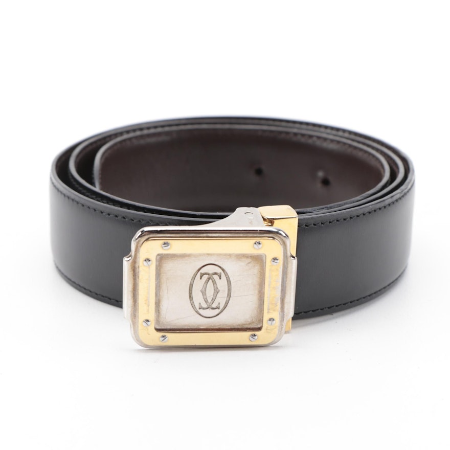 Cartier Reversible Black/Brown Leather Belt with Santos Two-Tone Buckle