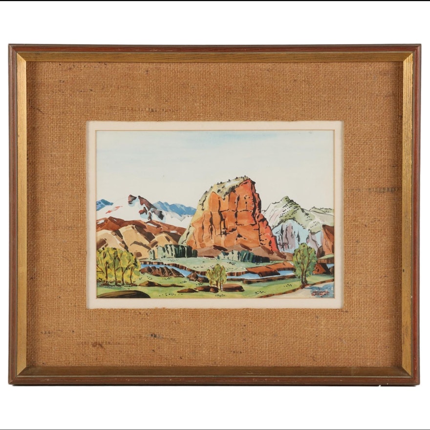 Mountain Landscape Watercolor Painting, Mid to Late 20th Century