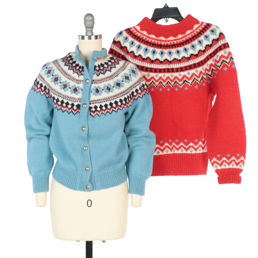 Herman Mehren Red Wool Sweater and Norwegian Hand-Knit Blue Wool Sweater