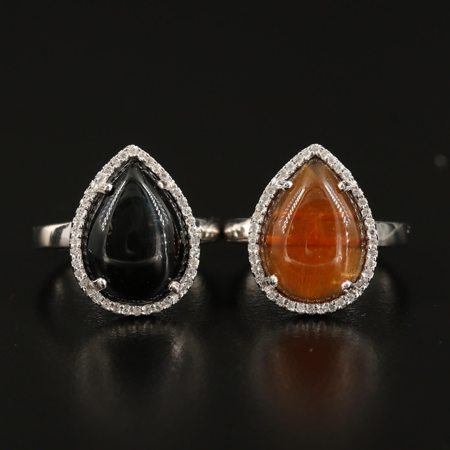 Sterling Black Onyx and Citrine Teardrop Rings with Topaz Halos