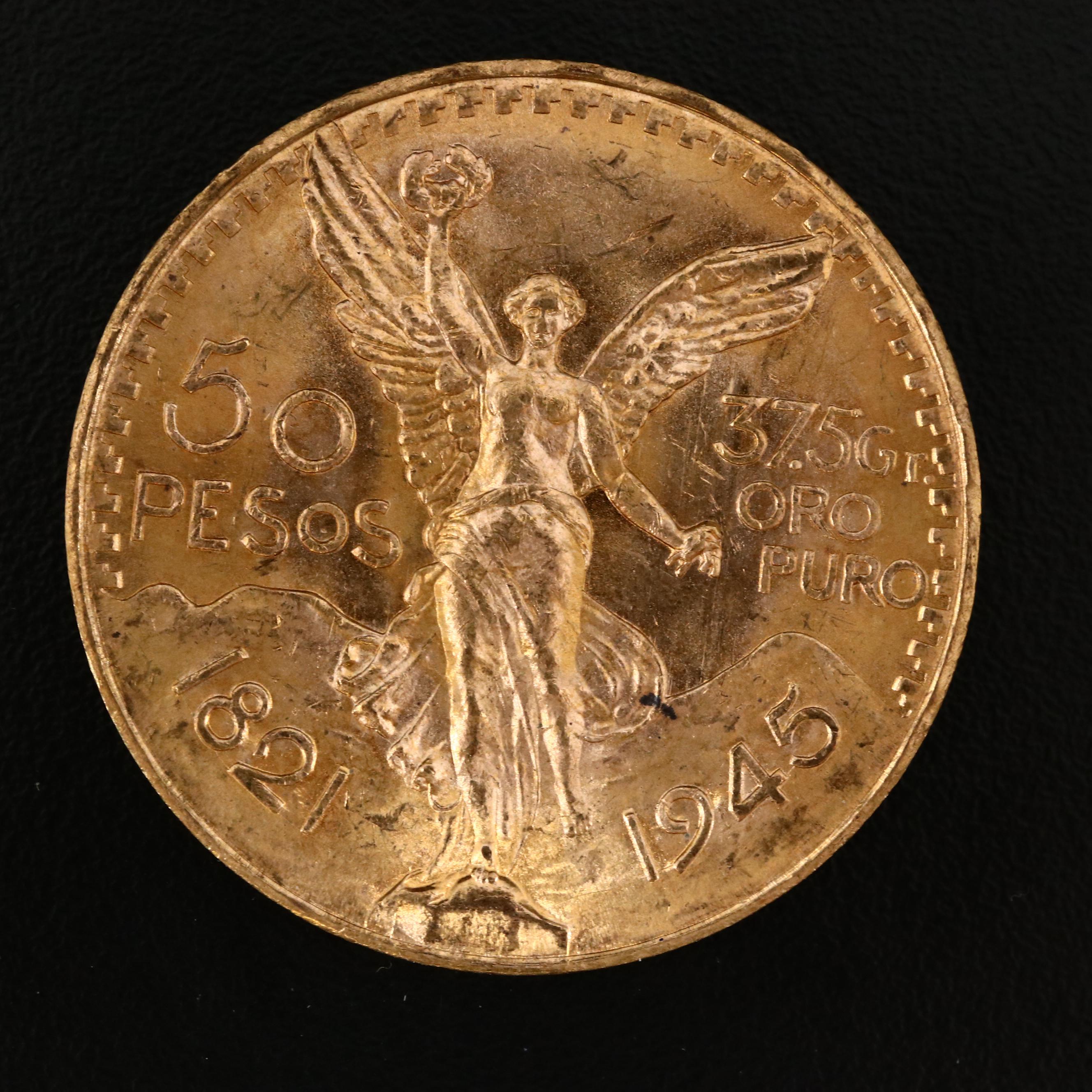 1945 Gold Mexican Centenario 50 Peso Coin