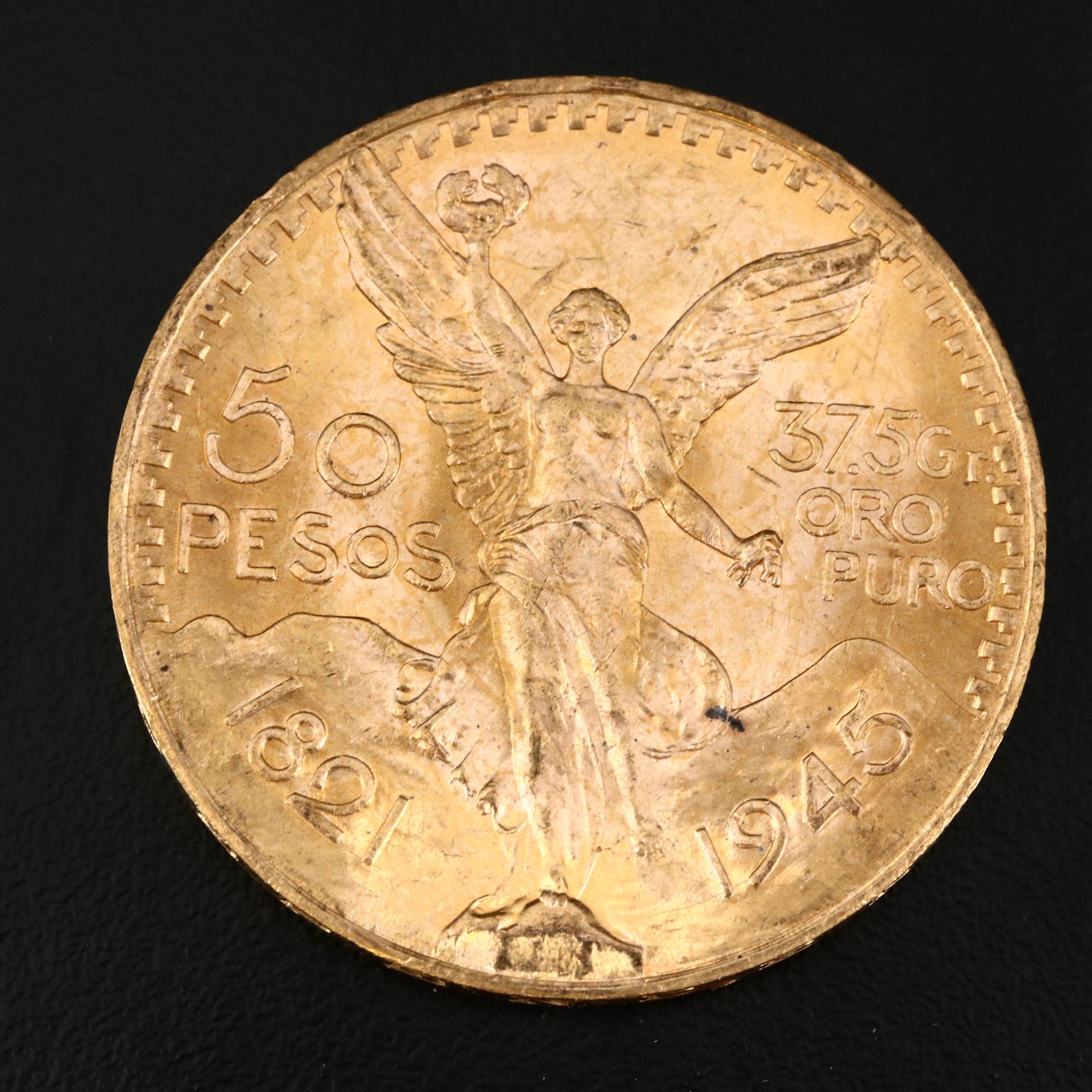 1945 Gold Mexican Centenario 50 Peso Coin
