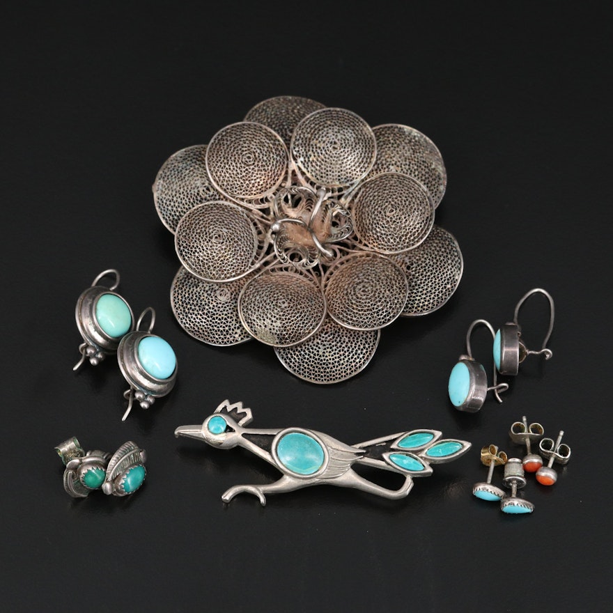 Earrings and Brooches Featuring Turquoise, Coral and Sterling Silver