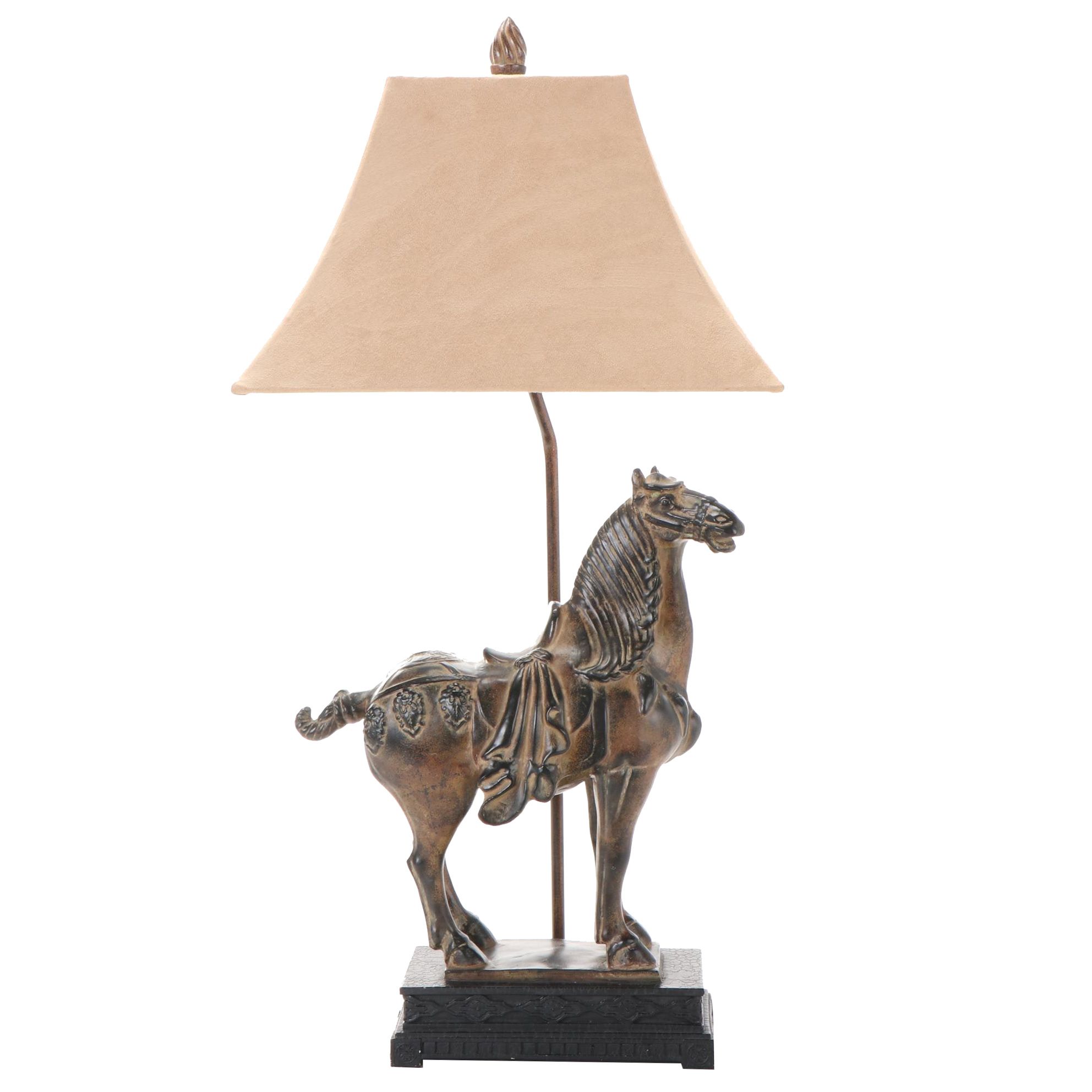 Patinated Tang Style Horse Table Lamp with Ultrasuede Lamp Shade