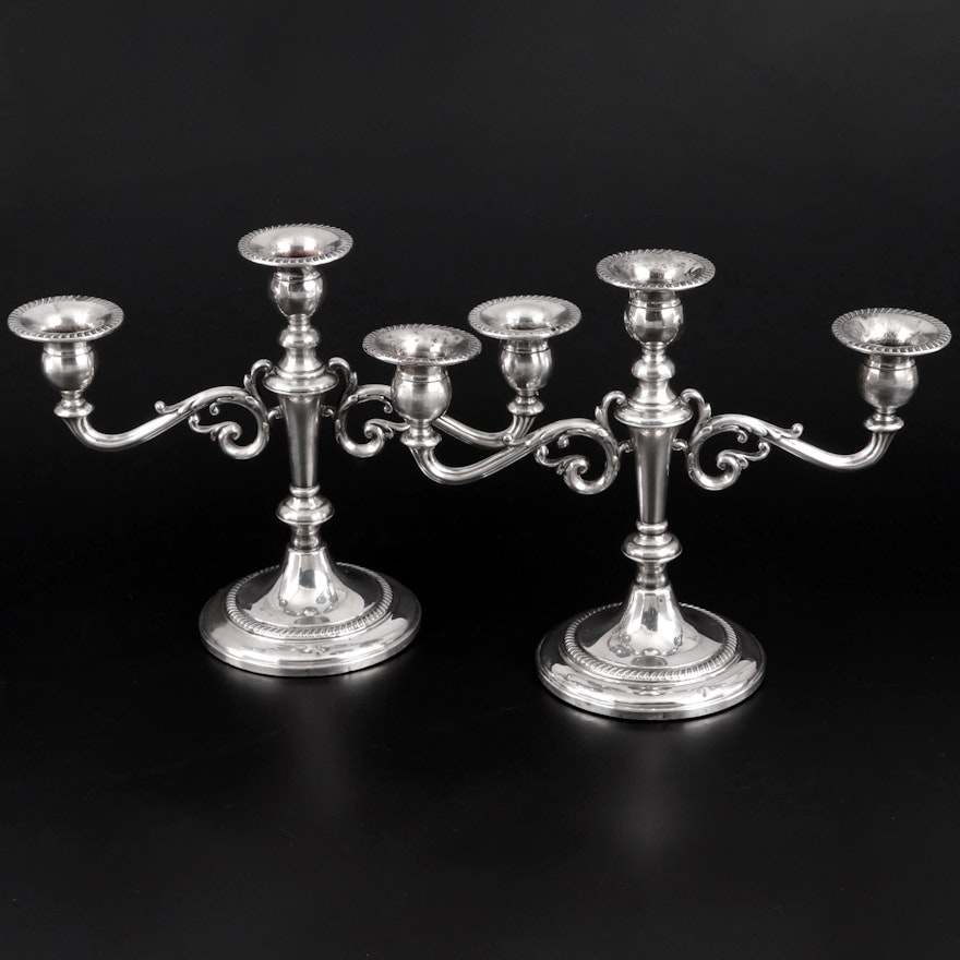 Fisher Silversmiths Sterling Silver 3-Light Gadroon Edged Candelabras