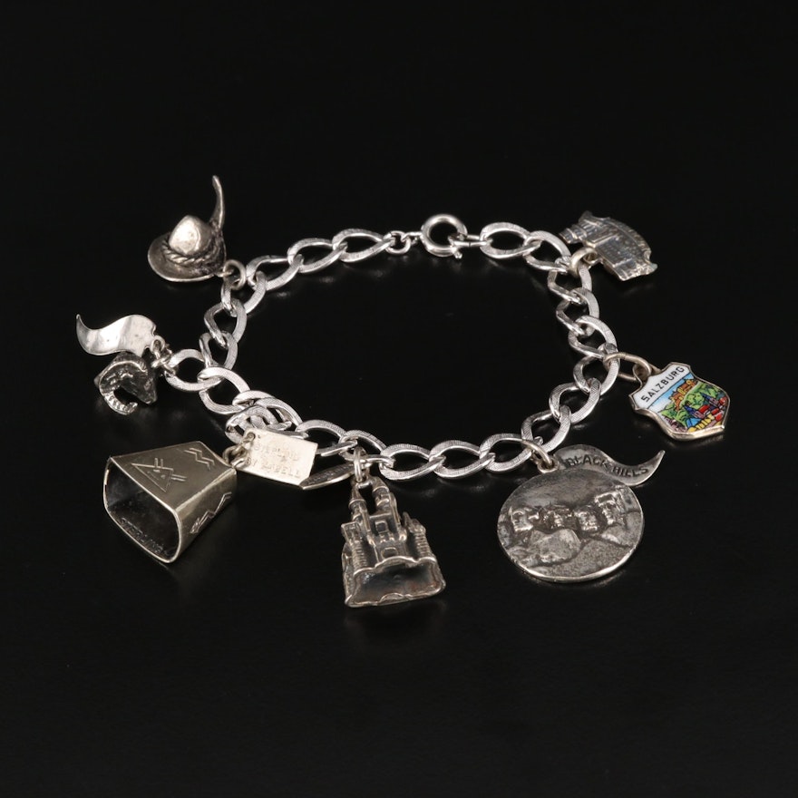 Vintage Sterling and 800 Silver Souvenir Charm Bracelet with Enamel Accents