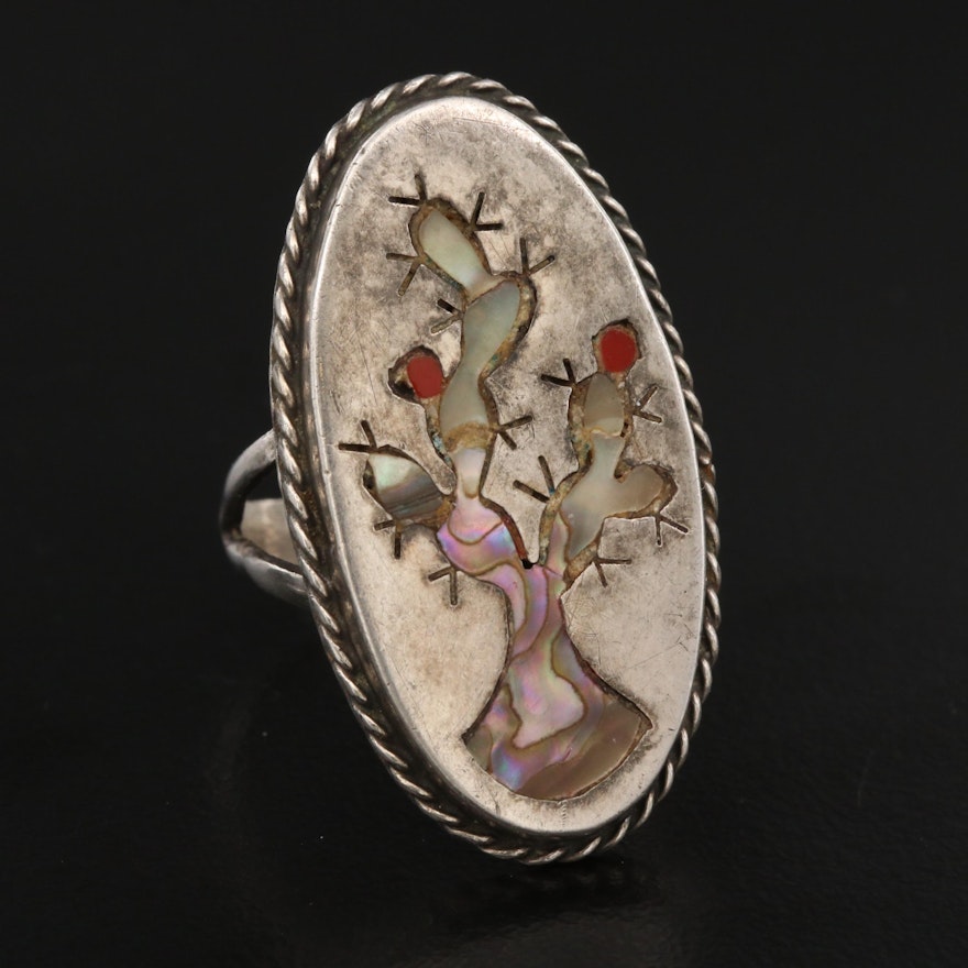 Mexican Sterling Silver Abalone and Coral Stylized Cactus Ring