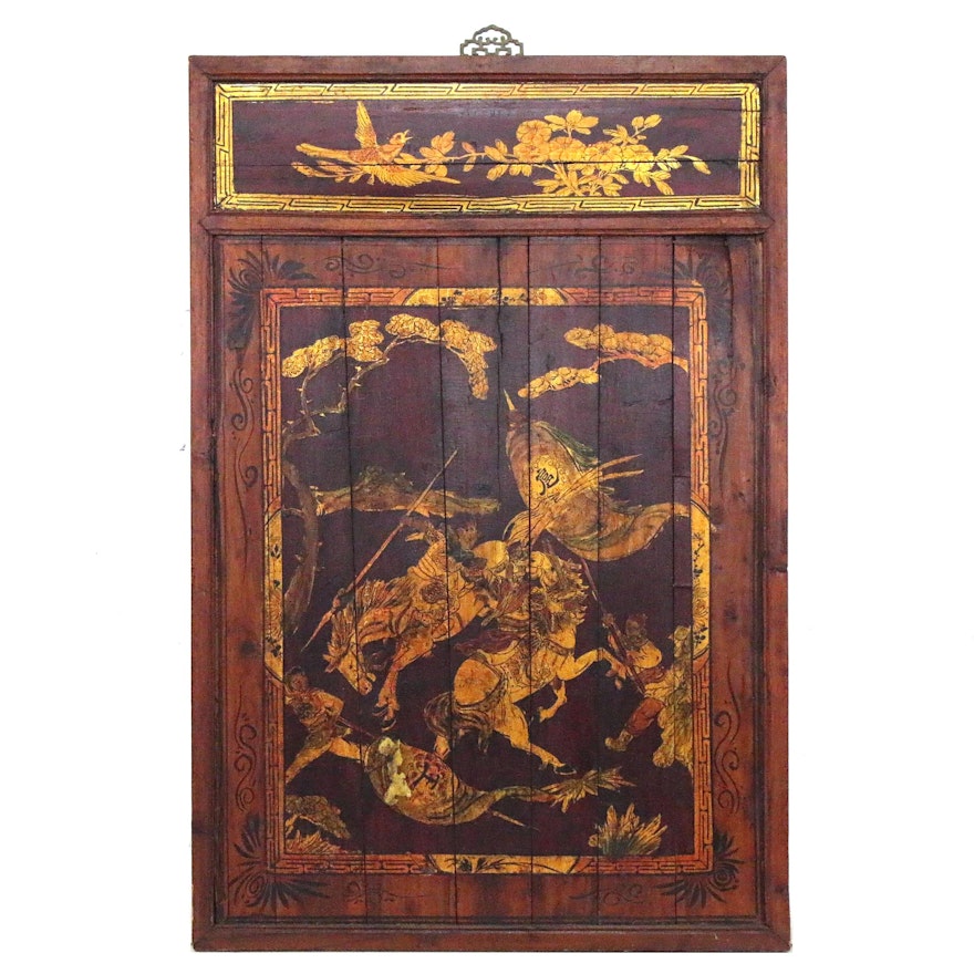 Chinoiserie Gold Leaf Wooden Panel of Samurai on Horseback, 20th Century