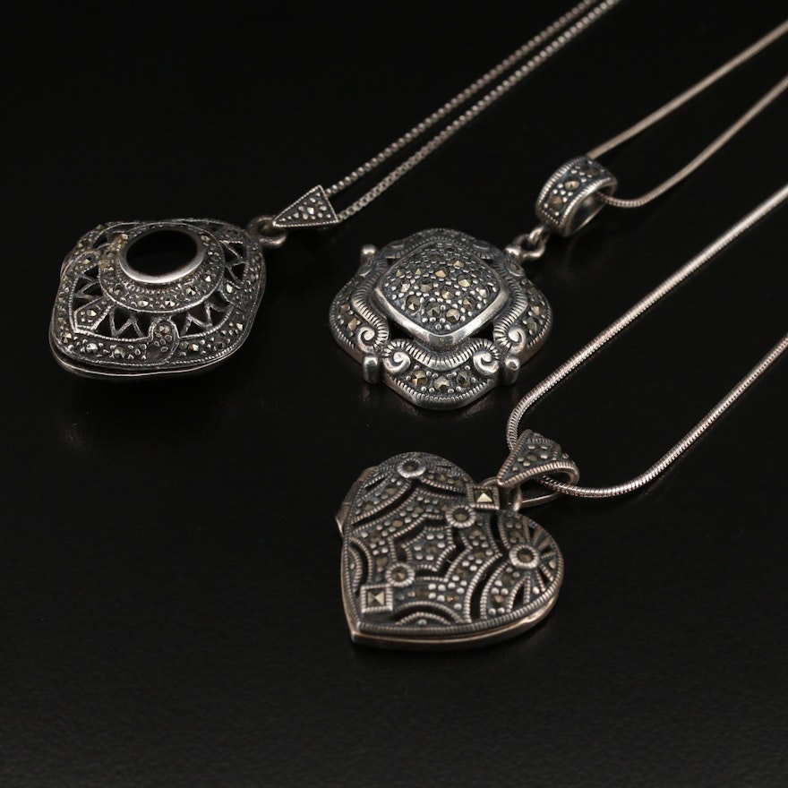 Sterling Silver Black Onyx and Marcasite Locket and Pendant Necklaces