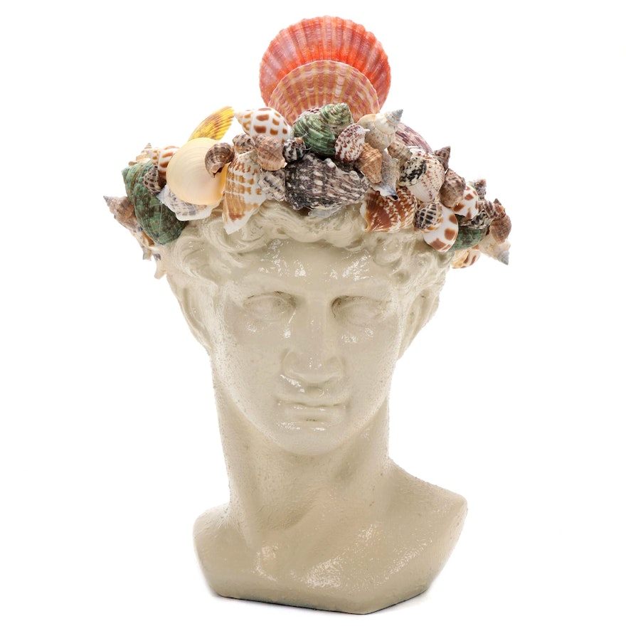 Painted Ceramic David Bust with Hand Crafted Crown of Sea Shells