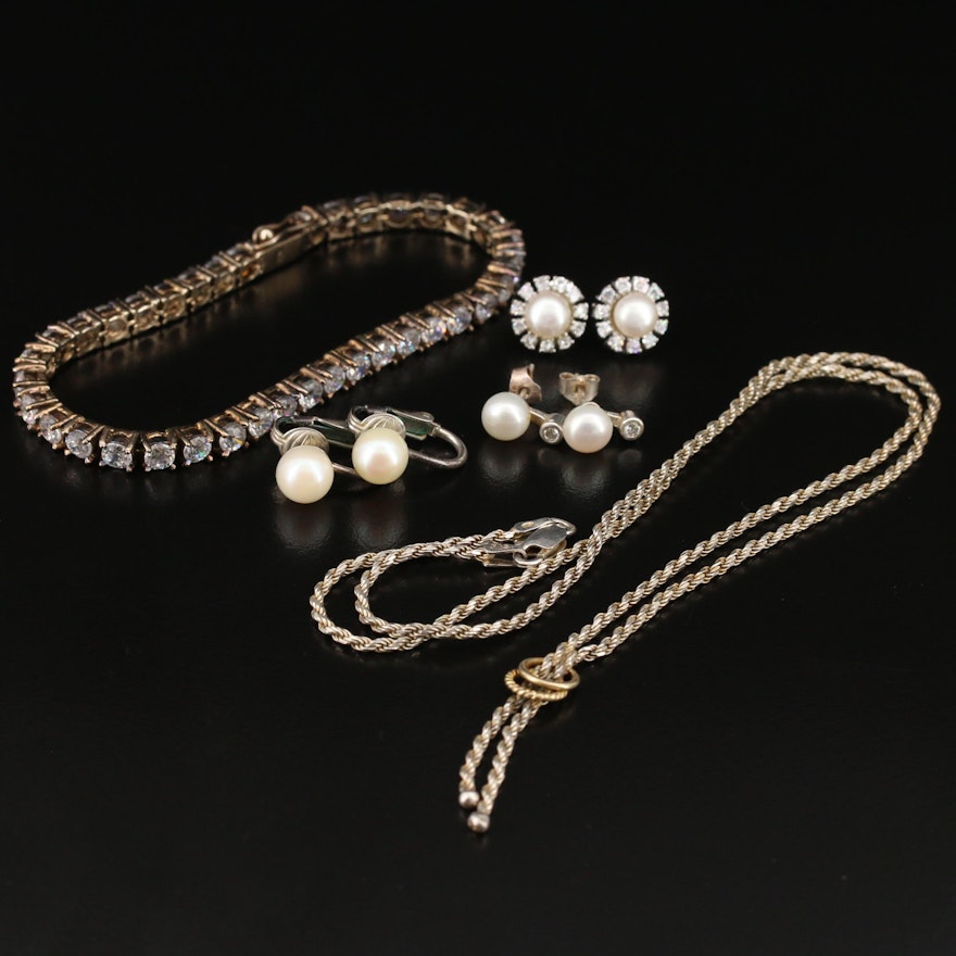 Sterling Silver Jewelry Featuring Pearls and Cubic Zirconia