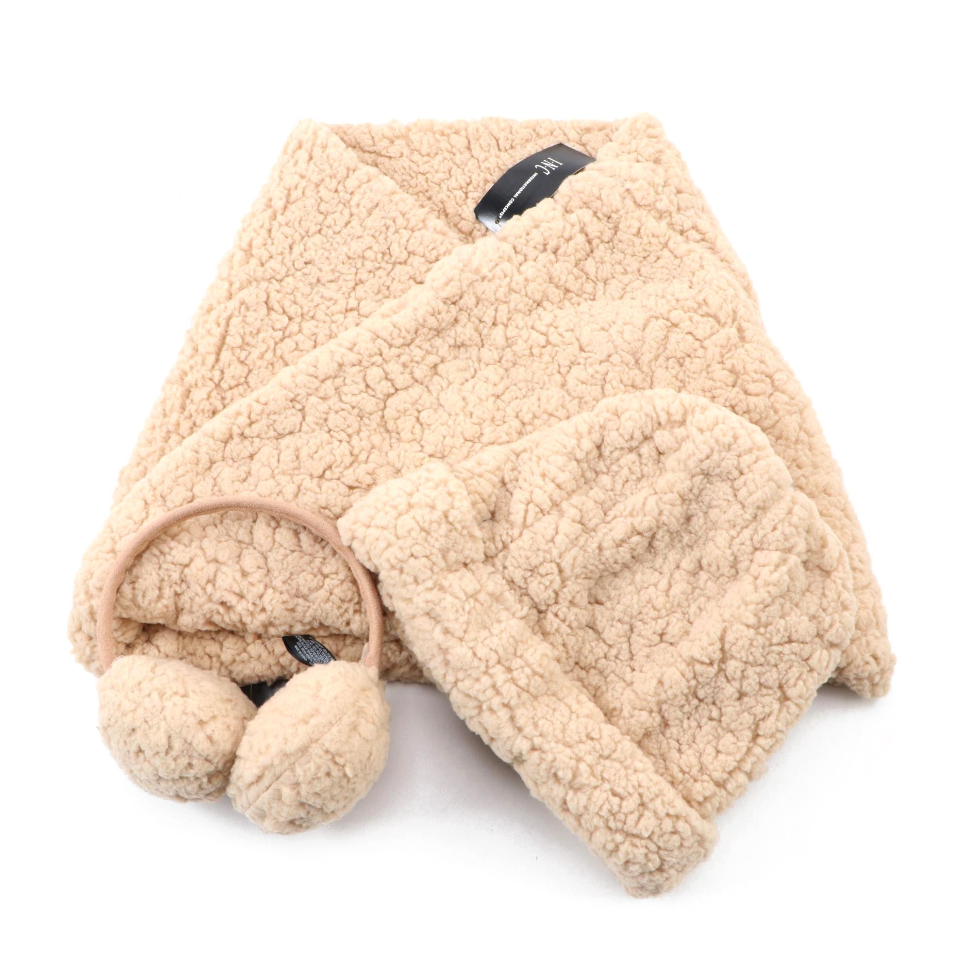 INC  Faux Fur Cap, Infinity Scarf and Earmuffs in Camel