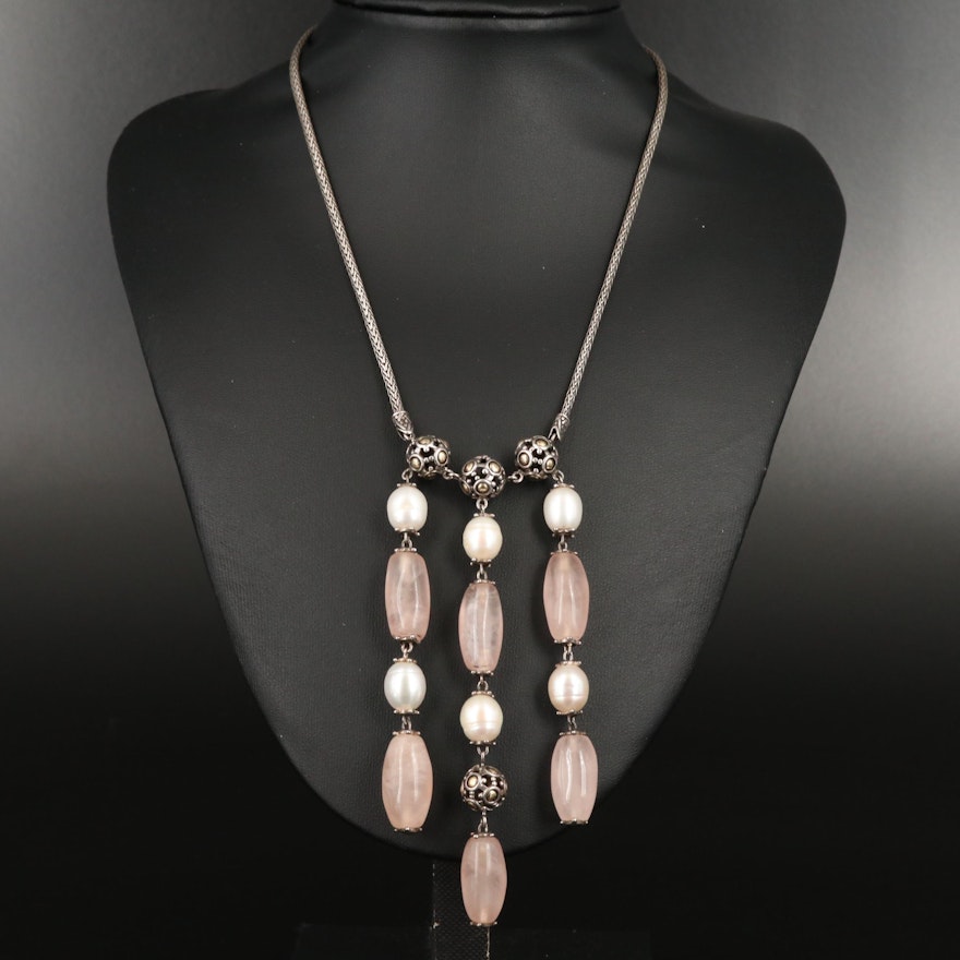 John Hardy Sterling Silver Rose Quartz and Pearl Necklace with 18K Accents