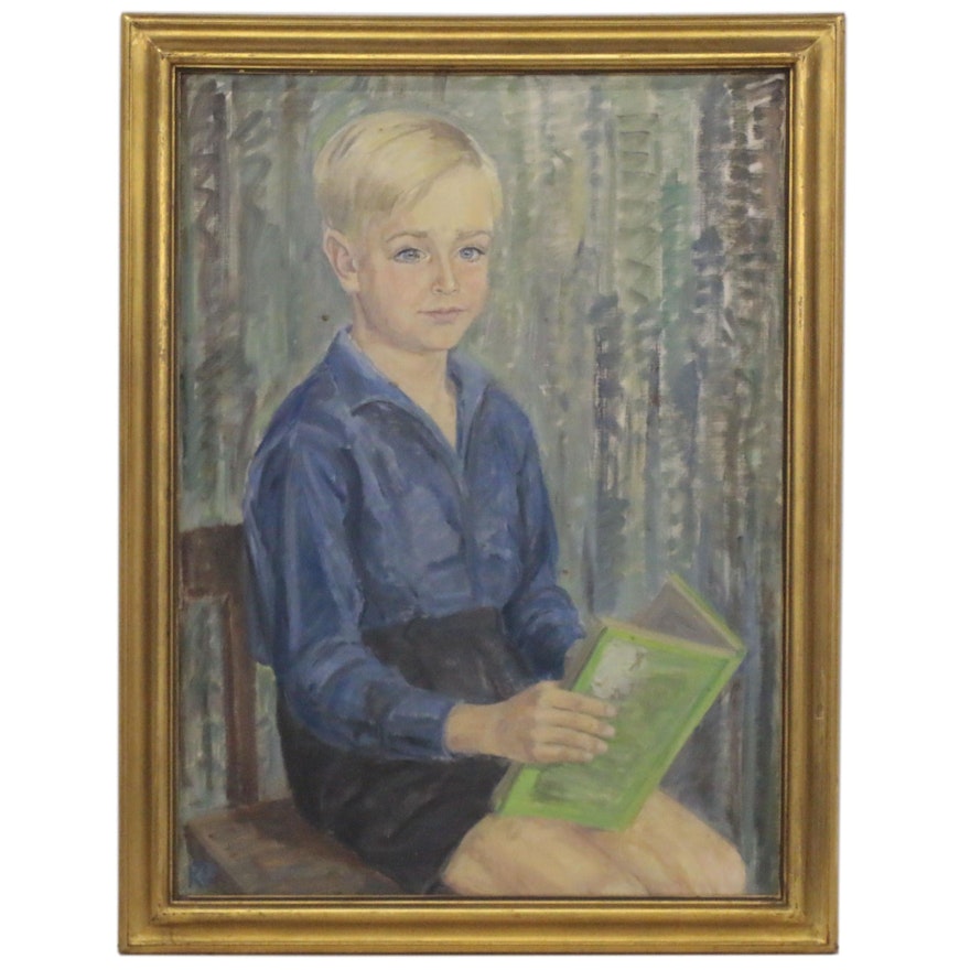 Portrait Oil Painting of a Boy Reading, Early 20th Century