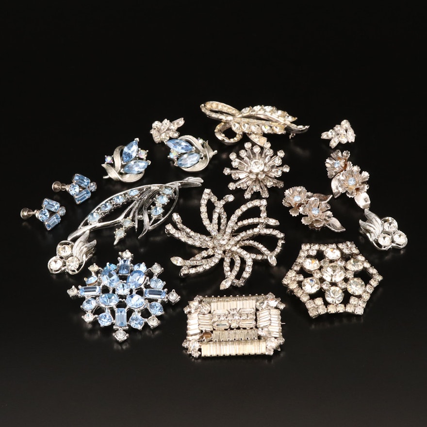 Vintage Rhinestone Brooches and Non-Pierced Earrings Featuring Eisnberg